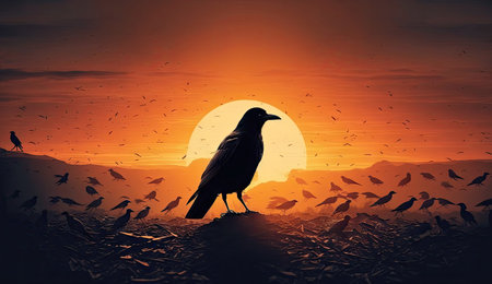 The King of royal black crow standing out between other crows, black birds, nature animals wildlife background, with Generative AI.の素材