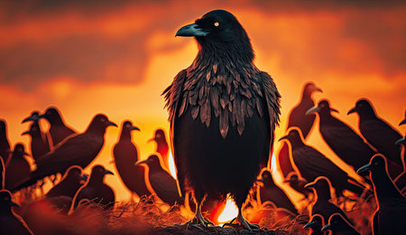 The King of royal black crow standing out between other crows, black birds, nature animals wildlife background, with Generative AI.の素材