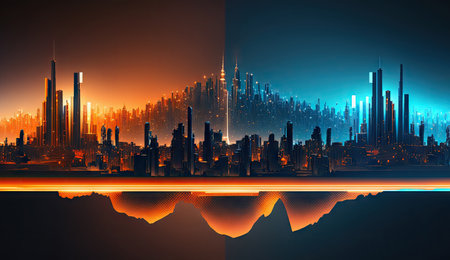 Blue and orange color Neon mega city capital towers with futuristic technology background, future modern building virtual reality, digital design, digital technology scene with Generative Ai.の素材