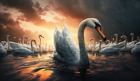 White swan swimming at lake in the morning with sunlight and cloudy sky in the middle of crowd swans, animal life concept, nature wildlife background, with Generative AI.の素材