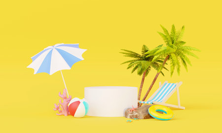 Summer vacation beach abstract background concept, Minimal Realistic Display Podium for Product mock-up or Cosmetics with summer theme, beach umbrella, sand, chairs, inflatable ring. 3d renderingの写真素材