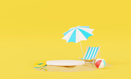 Summer vacation beach abstract background concept, Minimal Realistic Display Podium for Product mock-up or Cosmetics with summer theme, beach umbrella, sand, chairs, inflatable ring. 3d renderingの写真素材