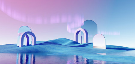 3d render Surreal pastel landscape background with geometric shapes, abstract fantastic desert dune in seasoning landscape with arches, panoramic, futuristic scene with copy space, blue sky and cloudyの写真素材