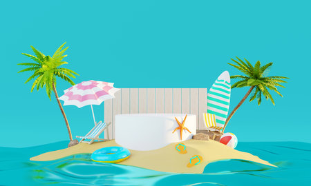 Summer vacation beach abstract background concept, Minimal Realistic Display Podium for Product mock-up or Cosmetics with summer theme, beach umbrella, sand, chairs, inflatable ring. 3d renderingの写真素材