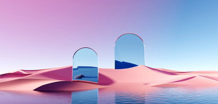 3d render Surreal pastel landscape background with geometric shapes, abstract fantastic desert dune in seasoning landscape with arches, panoramic, futuristic scene with copy space, blue sky and cloudyの写真素材