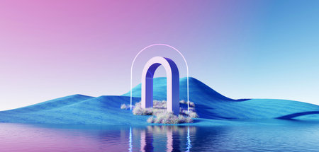 3d render Surreal pastel landscape background with geometric shapes, abstract fantastic desert dune in seasoning landscape with arches, panoramic, futuristic scene with copy space, blue sky and cloudyの写真素材
