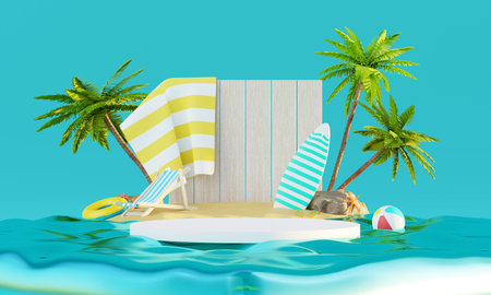 Summer vacation beach abstract background concept, Minimal Realistic Display Podium for Product mock-up or Cosmetics with summer theme, beach umbrella, sand, chairs, inflatable ring. 3d renderingの写真素材