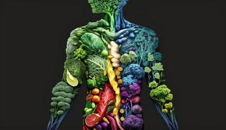 Human body shape made of Healthy of varies raw organic vegetables, fresh ingredients for cook and meals, high vitamin and minerals, green hydroponics plants, with Generative Ai.の素材