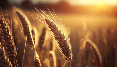 Close up of wheat ripening ears at gold wheat field in the morning with shining of sunlight, beautiful scene, harvesting rice food, agricultural concept, with Generative Ai.の素材