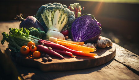 Healthy of varies raw organic vegetables in basket box on wooden table, fresh ingredients for cook and meals, high vitamin and minerals, green hydroponics plants, with Generative Ai.の素材