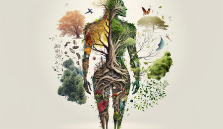 Human body shape made of world of green environment forest, tree, plants, animal wildlife, biome inside the body part, Earth day concept, protection and awareness planet, with Generative Ai.の素材