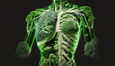 Human body shape made of Healthy of varies raw organic vegetables, fresh ingredients for cook and meals, high vitamin and minerals, green hydroponics plants, with Generative Ai.の素材