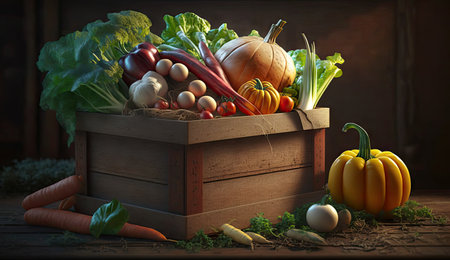 Healthy of varies raw organic vegetables in basket box on wooden table, fresh ingredients for cook and meals, high vitamin and minerals, green hydroponics plants, with Generative Ai.の素材