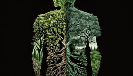 Human body shape made of world of green environment forest, tree, plants, animal wildlife, biome inside the body part, Earth day concept, protection and awareness planet, with Generative Ai.の素材