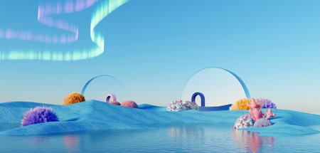 3d render Surreal pastel landscape background with geometric shapes, abstract fantastic desert dune in seasoning landscape with arches, panoramic, futuristic scene with copy space, blue sky and cloudyの写真素材