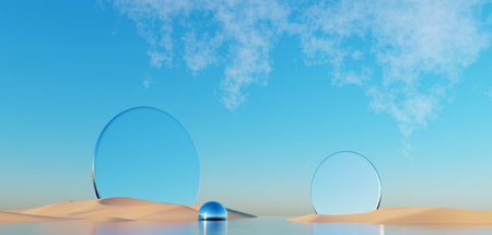 3d render Surreal pastel landscape background with geometric shapes, abstract fantastic desert dune in seasoning landscape with arches, panoramic, futuristic scene with copy space, blue sky and cloudyの写真素材