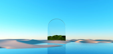 3d render Surreal pastel landscape background with geometric shapes, abstract fantastic desert dune in seasoning landscape with arches, panoramic, futuristic scene with copy space, blue sky and cloudyの写真素材