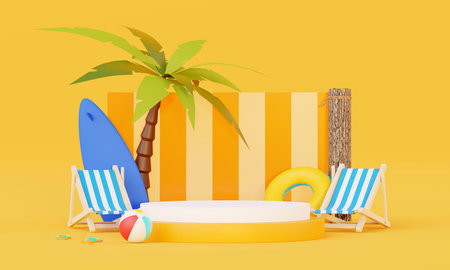 Summer vacation beach abstract background concept, Minimal Realistic Display Podium for Product mock-up or Cosmetics with summer theme, beach umbrella, sand, chairs, inflatable ring. 3d renderingの写真素材