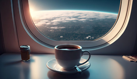 Close up cup of hot coffee on table in the spaceship with galaxy space, star, planet, asteroids, meteor and nebula view form window, drinking coffee in the universe with Generative Ai.の素材