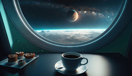 Close up cup of hot coffee on table in the spaceship with galaxy space, star, planet, asteroids, meteor and nebula view form window, drinking coffee in the universe with Generative Ai.の素材