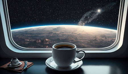 Close up cup of hot coffee on table in the spaceship with galaxy space, star, planet, asteroids, meteor and nebula view form window, drinking coffee in the universe with Generative Ai.の素材
