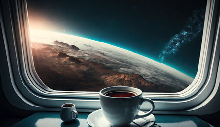 Close up cup of hot coffee on table in the spaceship with galaxy space, star, planet, asteroids, meteor and nebula view form window, drinking coffee in the universe with Generative Ai.の素材