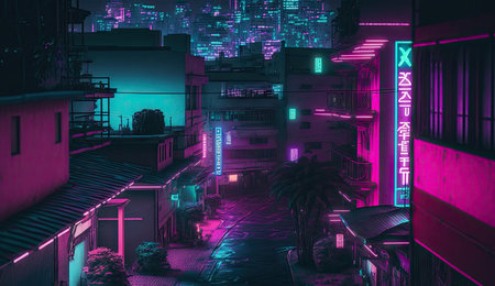 Neon mega city capital towers with futuristic technology background, future modern building virtual reality, night life style concept, digital design, digital technology scene with Generative Ai.の素材
