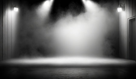 Studio empty stage background with spot light beam shine on background, concert stand with blank space for mock up, swirling fume, with Generative Ai.の素材