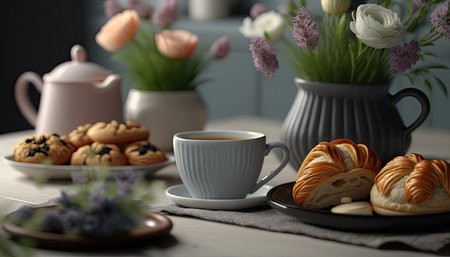 Afternoon set up of classic tea on ceramic marble table decorated with spring flowers and dessert, hot tea on the cup, popular drinks beverage, with Generative AI.の素材