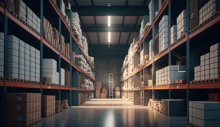 Warehouse storage in industrial for checking product and stock, management factory, production lines, industry logistics,  packaging control, storage building with Generative AI.の素材