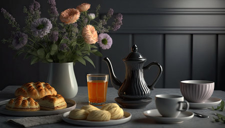 Afternoon set up of classic tea on ceramic marble table decorated with spring flowers and dessert, hot tea on the cup, popular drinks beverage, with Generative AI.の素材