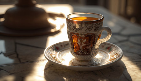 Morning Coffee in modern cup on marble table with flowers in spring season and sunlight, calm and relax coffee, relaxation time, hot beverage, with Generative AI.の素材