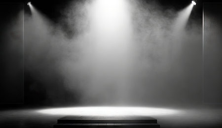 Studio empty stage background with spot light beam shine on background, concert stand with blank space for mock up, swirling fume, with Generative Ai.の素材