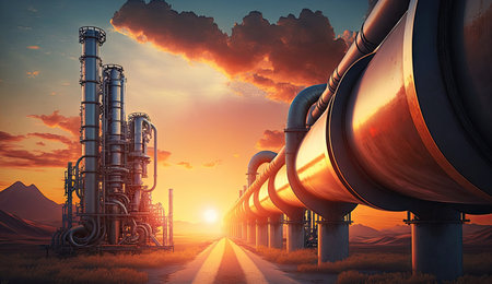 Industry pipeline transport petrochemical, gas and oil processing, furnace factory line, rack of heat chemical manufacturing, equipment steel pipes plant with Generative AI.の素材