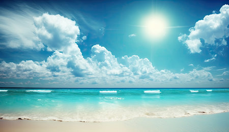 Summer vacation, tropical beach with blue sky and sea for relaxation, panoramic beach background, summer holiday with beautiful nature sand, sunlight, ocean water with Generative AI.の素材