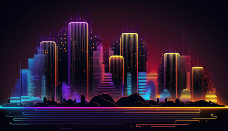 Neon mega city capital towers with futuristic technology background, future modern building virtual reality, night life style concept, digital design, digital technology scene with Generative Ai.の素材