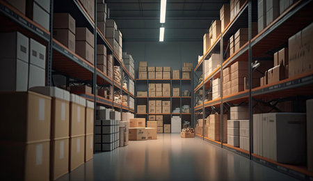 Warehouse storage in industrial for checking product and stock, management factory, production lines, industry logistics,  packaging control, storage building with Generative AI.の素材
