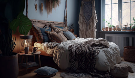 Minimal bohemian bedroom interior styles with Home decoration mock up beige tone, Cozy room stylish concept, Scandinavian and Modern design background with Generative AI.の素材