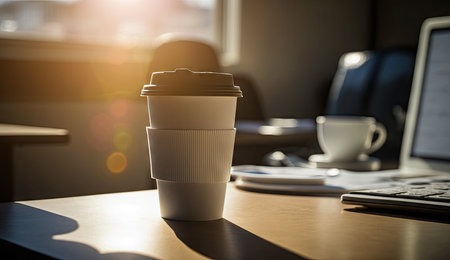 Coffee Paper cup of morning hot coffee for take away on table from cafe shop whit sunlight, calm and relax coffee, relaxation time, hot beverage, with Generative AI.の素材