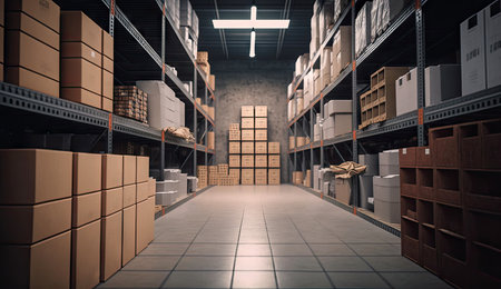 Warehouse storage in industrial for checking product and stock, management factory, production lines, industry logistics,  packaging control, storage building with Generative AI.の素材