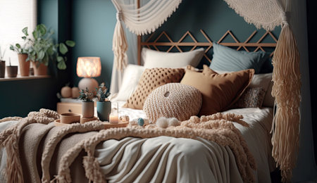 Minimal bohemian bedroom interior styles with Home decoration mock up beige tone, Cozy room stylish concept, Scandinavian and Modern design background with Generative AI.の素材