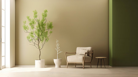 Minimal interior design living room with beige cozy tone style, decorate with armchair, vase, branches tree, and pastel background with shadow, empty wall for mock up and banner, with Generative Ai.の素材