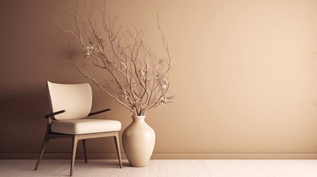 Minimal interior design living room with beige cozy tone style, decorate with armchair, vase, branches tree, and pastel background with shadow, empty wall for mock up and banner, with Generative Ai.の素材