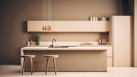 Minimal interior design kitchen room with beige cozy tone style, decorate with wooden counter. chairs and brown tone background, empty wall for mock up and banner, with Generative Ai.の素材