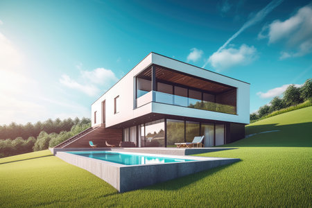 Modern Nordic house style on grass hill with pool and beautiful background, relaxation time, villa house concept, Architecture design for family, beautiful sweet home with Generative Ai.の素材