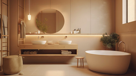 Minimal interior design bathroom with beige cozy tone style, decorate with wooden decor, bathtub, sink, towels, and brown tone background, empty wall for mock up and banner, with Generative Ai.の素材