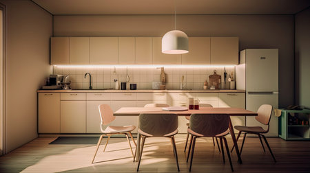 Minimal interior design kitchen room with beige cozy tone style, decorate with wooden counter. chairs and brown tone background, empty wall for mock up and banner, with Generative Ai.の素材