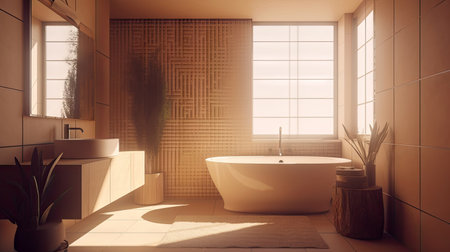Minimal interior design bathroom with beige cozy tone style, decorate with wooden decor, bathtub, sink, towels, and brown tone background, empty wall for mock up and banner, with Generative Ai.の素材