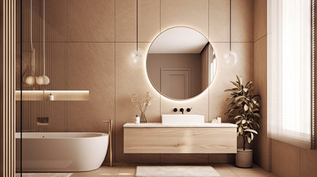 Minimal interior design bathroom with beige cozy tone style, decorate with wooden decor, bathtub, sink, towels, and brown tone background, empty wall for mock up and banner, with Generative Ai.の素材