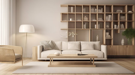 Minimal interior design living room with beige cozy tone style, decorate with sofa, bookshelf, armchair, wood table, and brown tone background, empty wall for mock up and banner, with Generative Ai.の素材